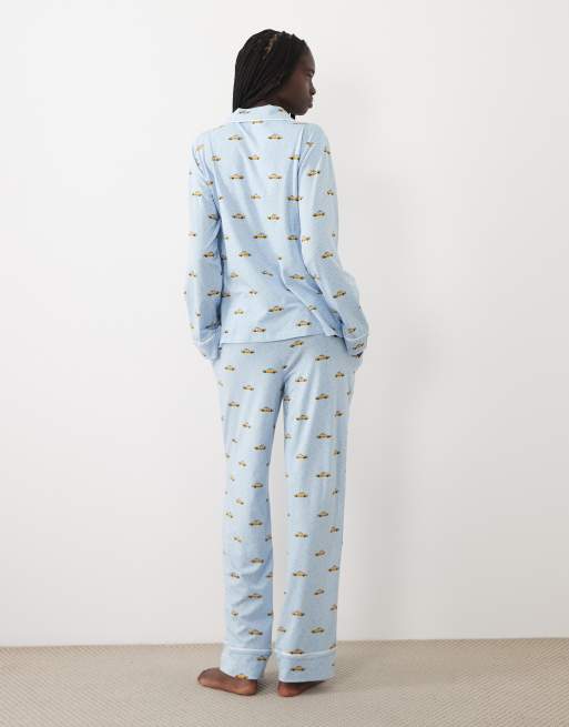 DKNY Long sleeve cotton pyjama set in blue print, 3 of 4