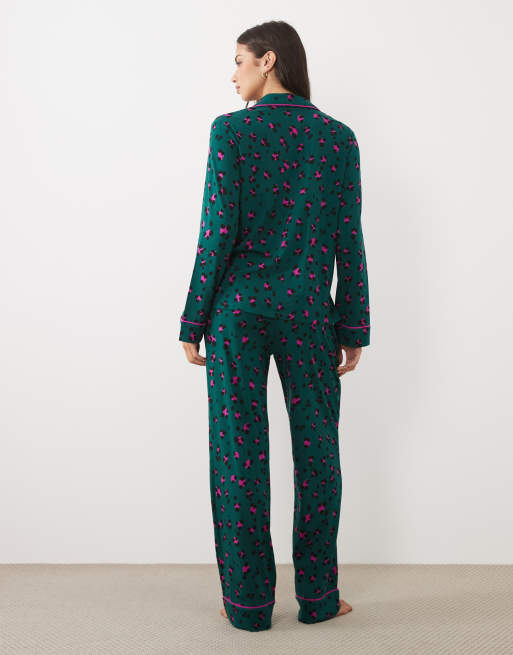 DKNY Long sleeve cotton pyjama set in green animal print, 3 of 4