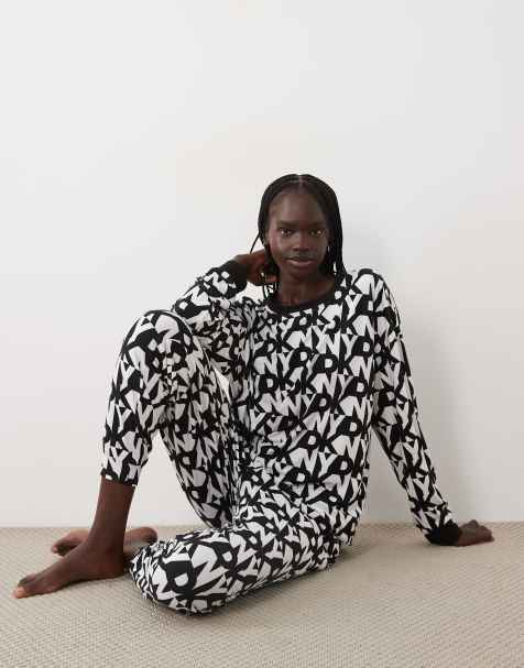 DKNY Long sleeve crew top & jogger pyjama set in black & white logo - view 1