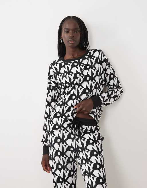 DKNY Long sleeve crew top & jogger pyjama set in black & white logo, 3 of 4