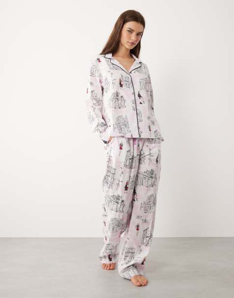 DKNY long sleeve notch top and pant sleep set in white city print in white city print - LPINK - view 1