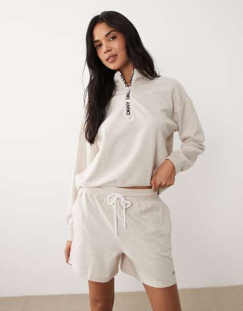 DKNY long sleeve top and boxer lounge set in quill heather - BEIGE - view 1