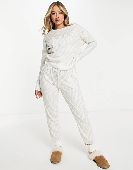 DKNY long sleeve top and trackies set with logo in cream zebra
