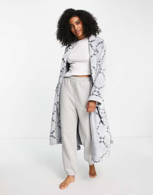 DKNY long wrap robe in grey logo print