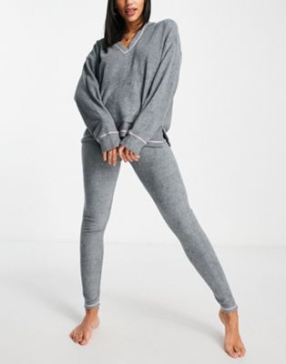 DKNY lounge stretch fleece top and legging set in dark grey