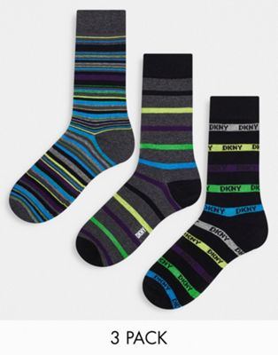 DKNY Marcus 3 pack socks in grey black and green multi stripe