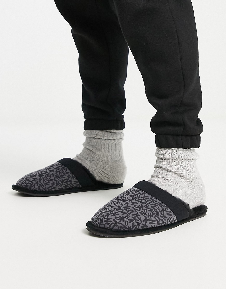 DKNY multi logo mule slippers in black/grey