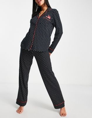 DKNY notch collar long pyjamas in black spot