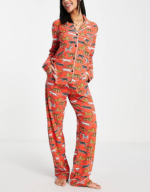DKNY notch collar long pyjamas in coral animal print | ASOS