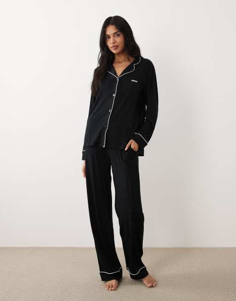 DKNY notch collar shirt and long pant pyjama set in black in black - BLACK - view 1