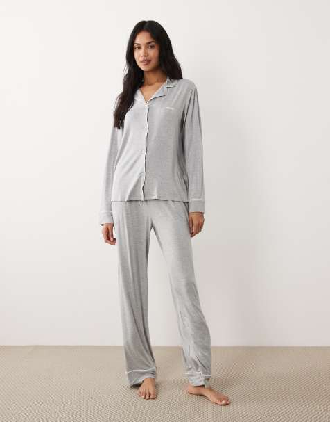 DKNY notch collar shirt and long pant pyjama set in heather grey in grey heather - LGREY - view 1