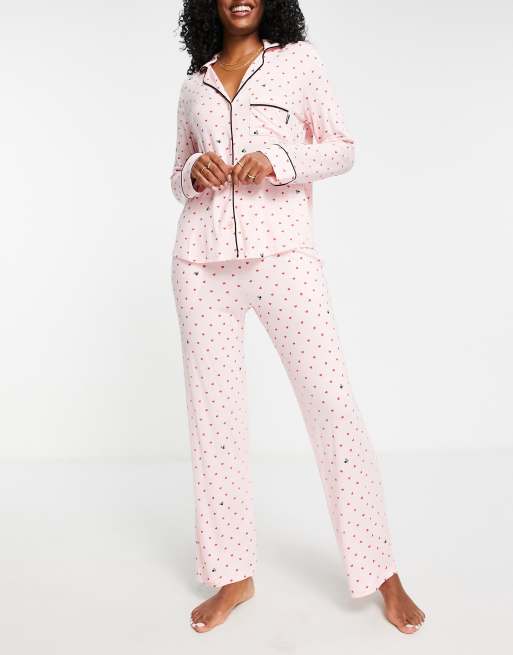 DKNY - Pigiama in jersey rosa con colletto con intaglio e stampa