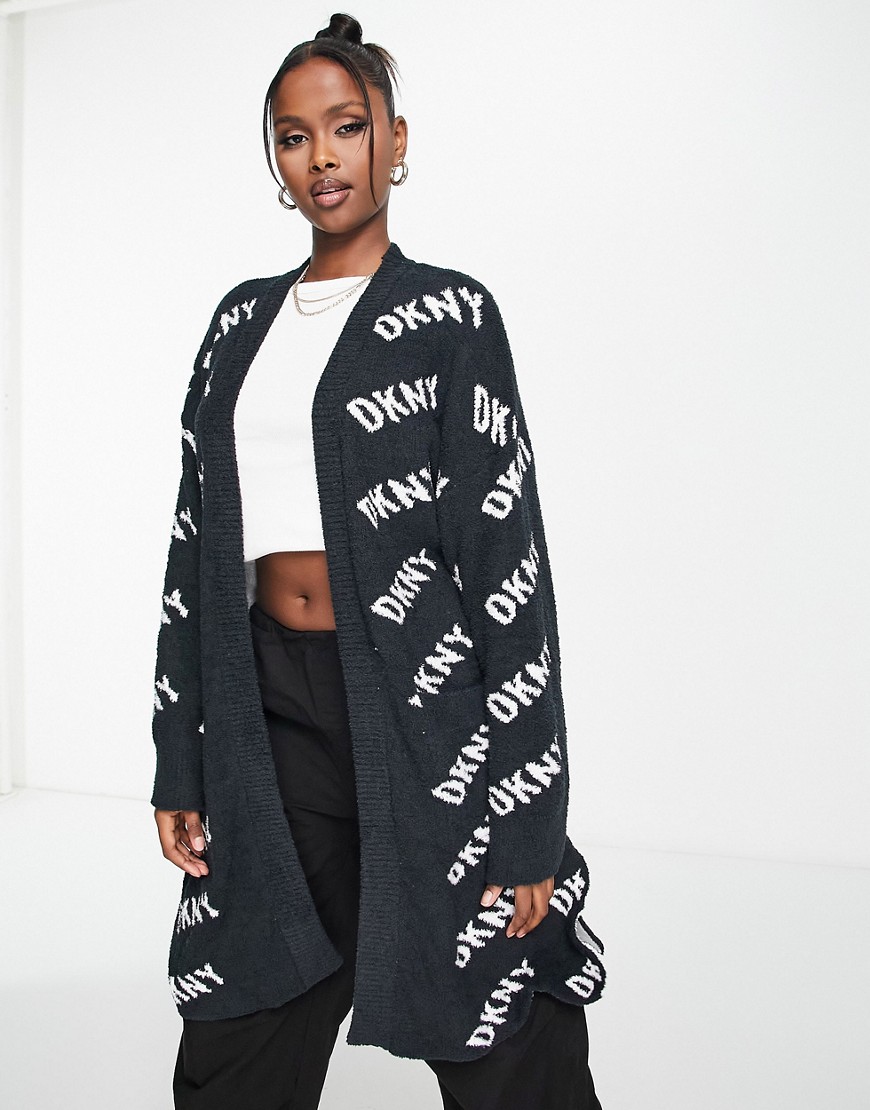 Dkny Premium Boucle Knit Logo Cardigan In Black