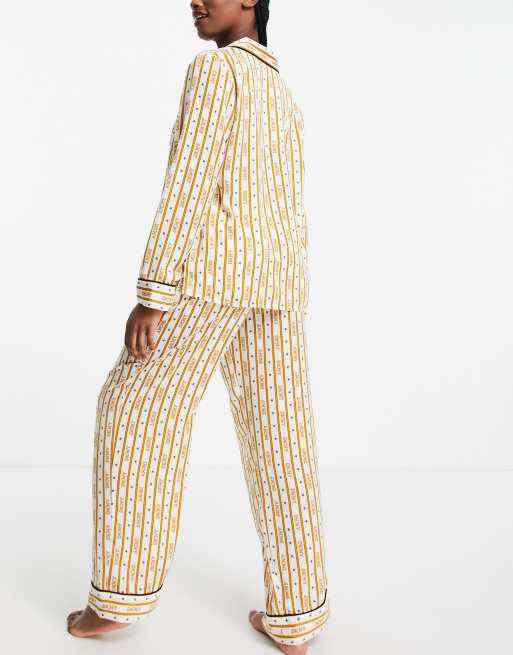 DKNY – Premium – Gräddvit randig pyjamas med logga och platt krage av satin, 2 av 4