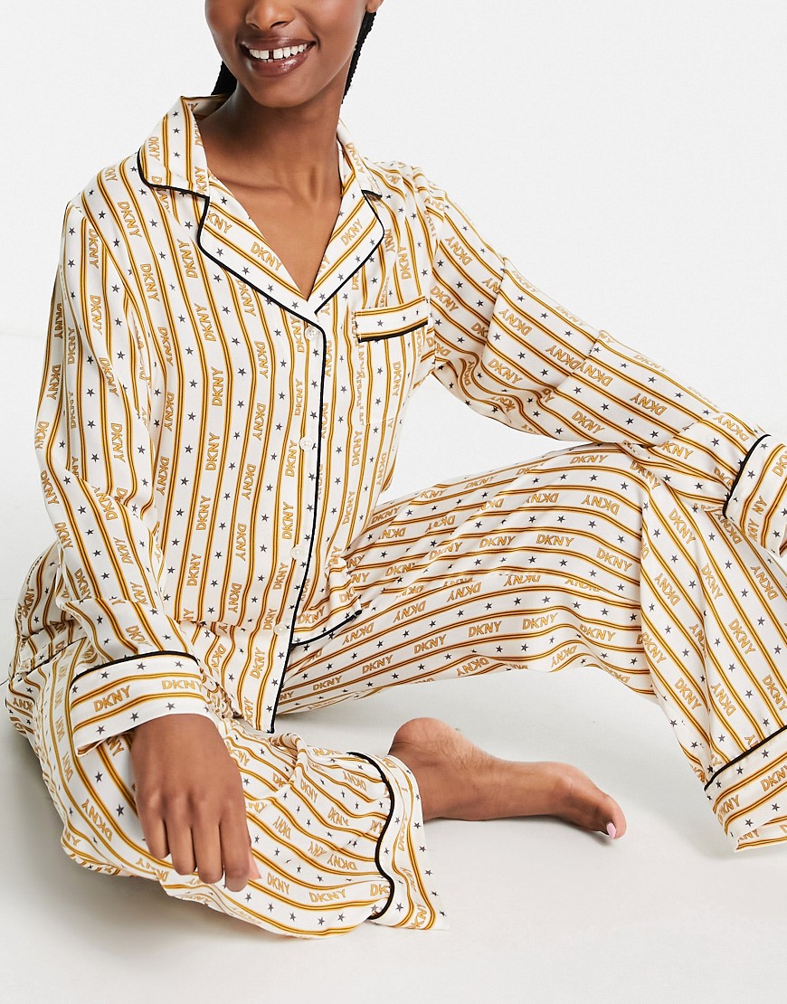 DKNY premium logo satin revere pyjama set in cream stripe-White