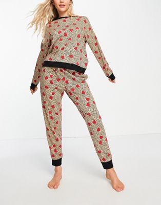 DKNY pyjama set with joggers in brown animal print