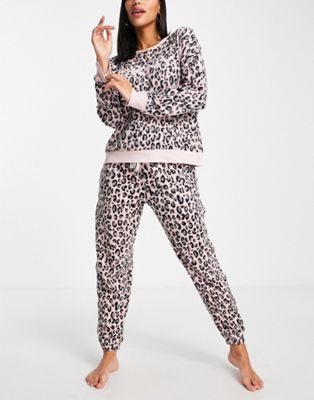 DKNY jogger pyjama set in pink leopard print