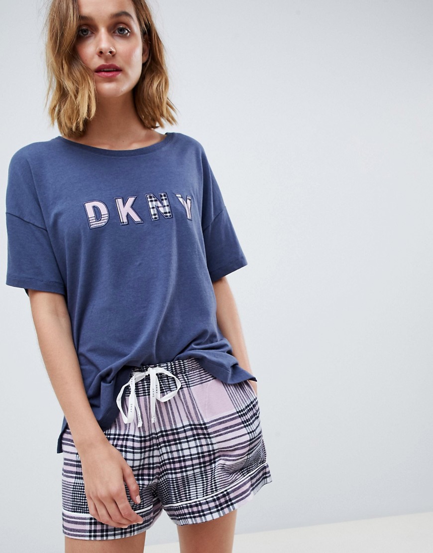 DKNY - Pyjamaset met flanellen top met logo, short en oogmasker-Marineblauw