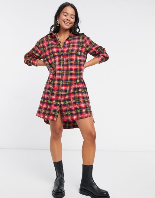 DKNY – Röd rutig flanellskjorta i longline med lång ärm