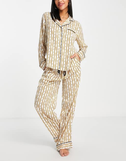 DKNY satin long pyjama set in yellow logo stripe