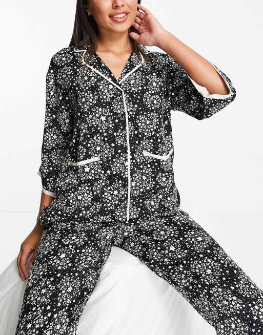 DKNY satin notch collar pyjama set in black print