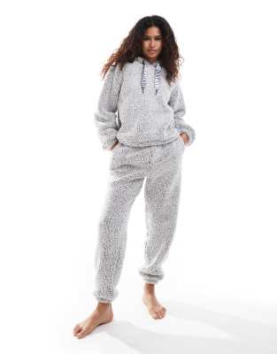 DKNY Sherpa fleece long sleeve hooded pullover & jogger set in frosted grey