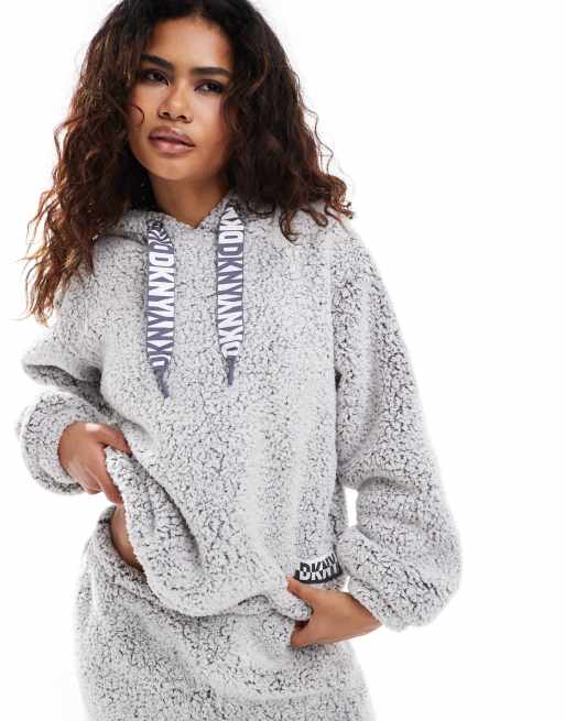 DKNY Sherpa fleece long sleeve hooded pullover jogger set in frosted grey