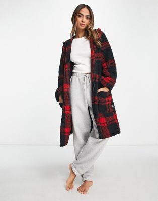 DKNY sherpa hooded robe in red plaid