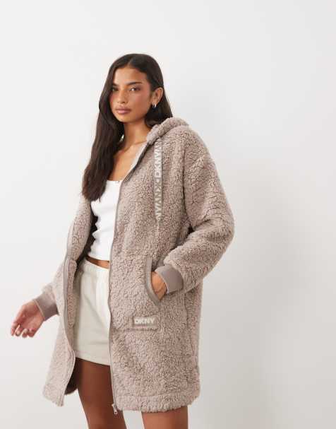 DKNY Sherpa long sleeve hooded zip robe in light brown - view 1
