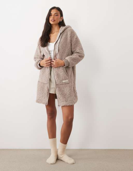 DKNY Sherpa long sleeve hooded zip robe in light brown, 3 of 4