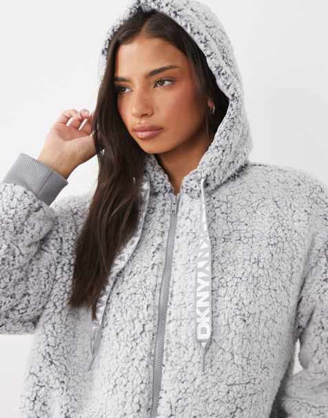 DKNY Sherpa long sleeve hooded zip robe in light grey - view 1