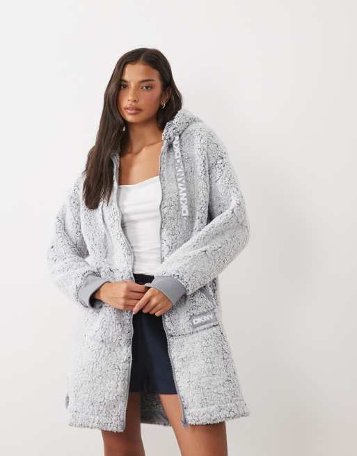 DKNY Sherpa long sleeve hooded zip robe in light grey, 2 of 4