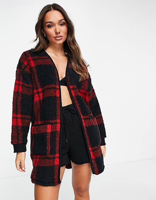 DKNY sherpa short lounge dressing gown in red plaid
