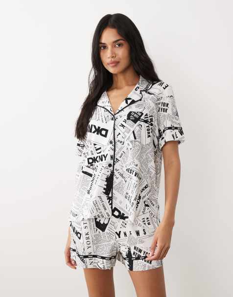 DKNY short sleeve notch collar and boxer in white newspaper in white newspaper - WHITE - view 1