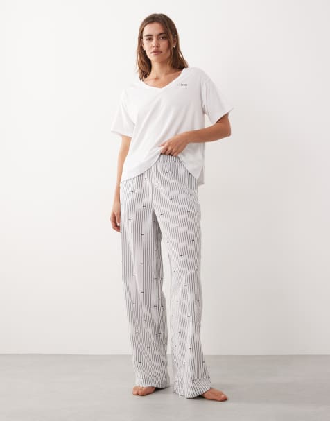 DKNY short sleeve top and pant pyjama set in white and white logo stripe - LGREY - view 1