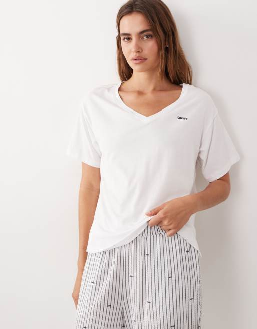 DKNY short sleeve top and pant pyjama set in white and white logo stripe - LGREY, 2 of 4