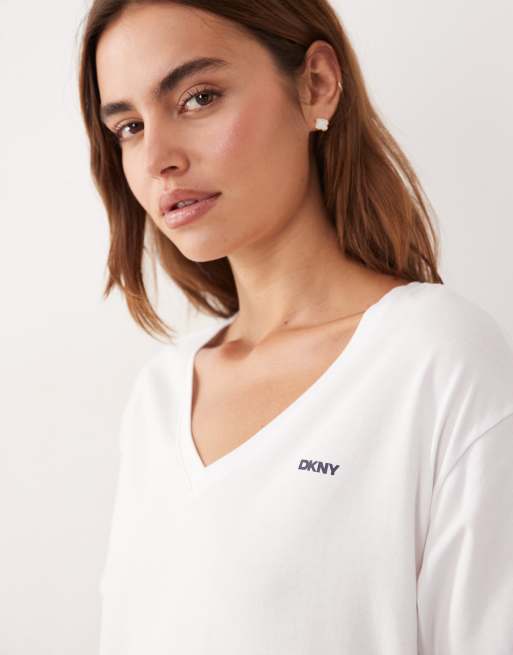 DKNY short sleeve top and pant pyjama set in white and white logo stripe - LGREY, 3 of 4