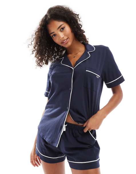 DKNY signature short sleeve notch collar boxer set in navy - view 1
