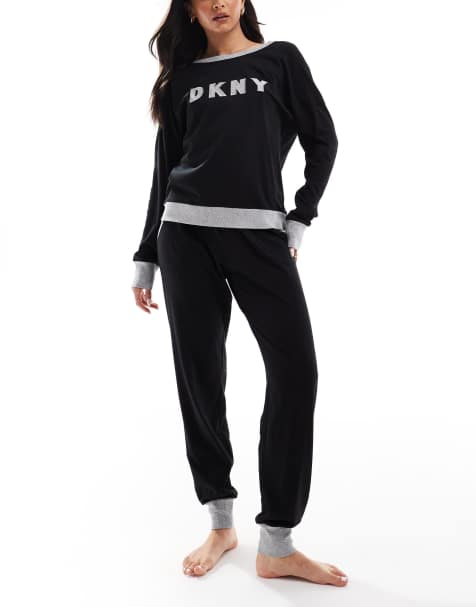 DKNY Signature Top and Jogger PJ set in Black/Grey - view 1