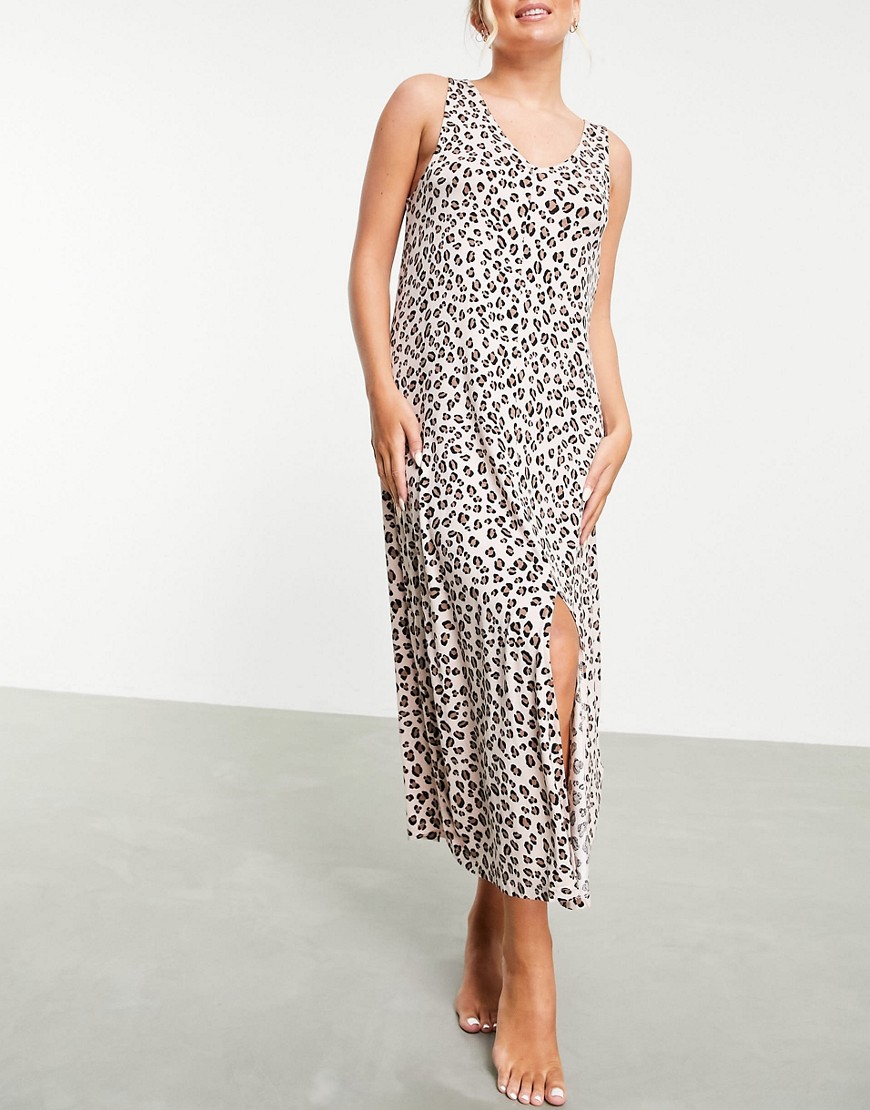 DKNY Sleepwear maxi chemise in leopard print-Brown