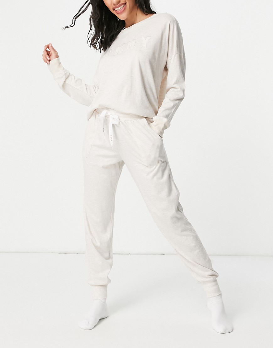 DKNY soft logo lounge sweat and jogger set in oatmeal-Neutral