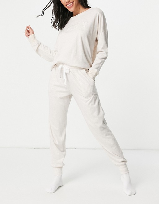 DKNY soft logo lounge sweat and jogger set in oatmeal