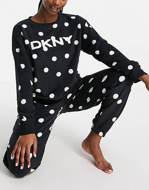 DKNY soft sweat and jogger lounge gift wrapped set in black polka dot print