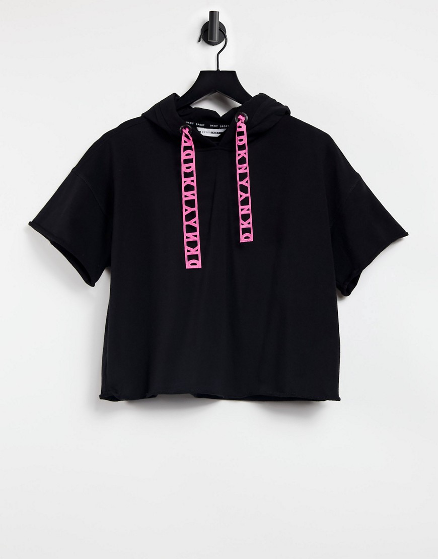 DKNY - Sort sweatshirt med t-shirt-ærmer og hætte samt logotape