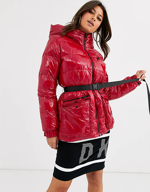 DKNY sport high shine padded jacket with belt detail and hood | ASOS
