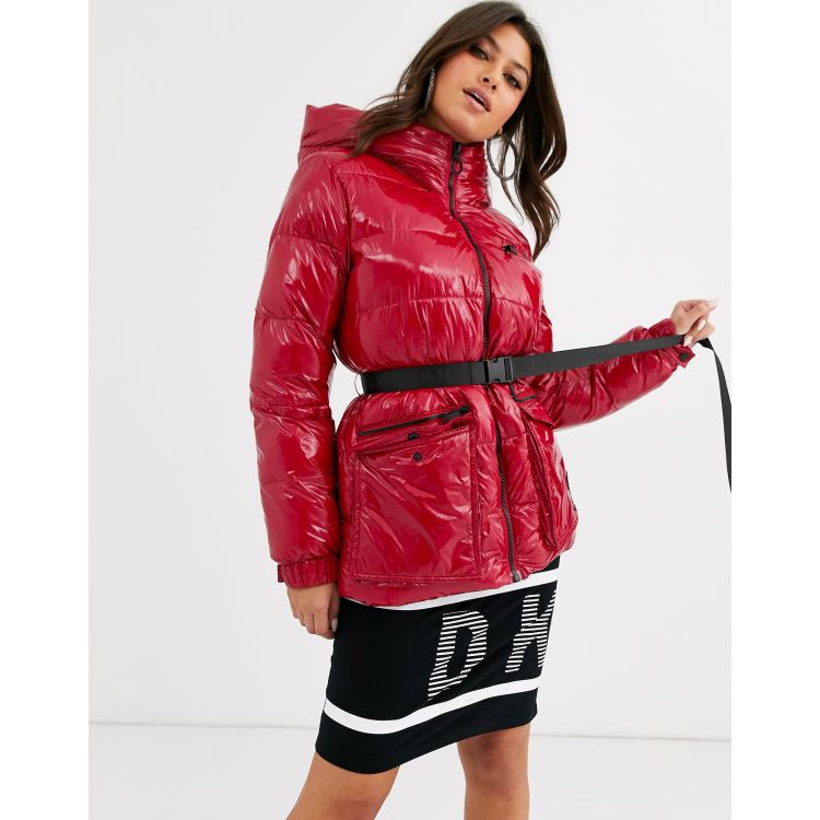 DKNY sport high shine padded jacket with belt detail and hood