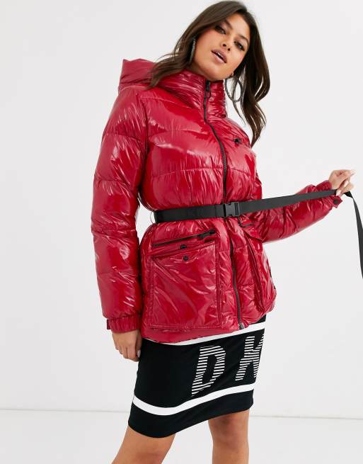 DKNY sport high shine padded jacket with belt detail and hood ASOS