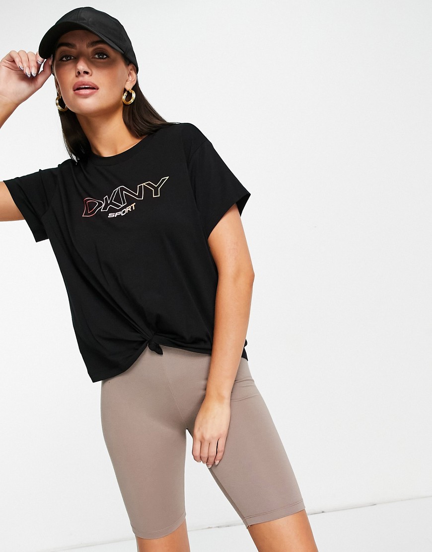 DKNY Sport knot front t-shirt with ombre logo in black
