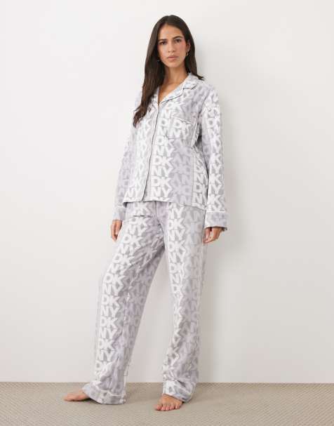 DKNY Stretch fleece long sleeve pyjama set in grey & white logo - view 1