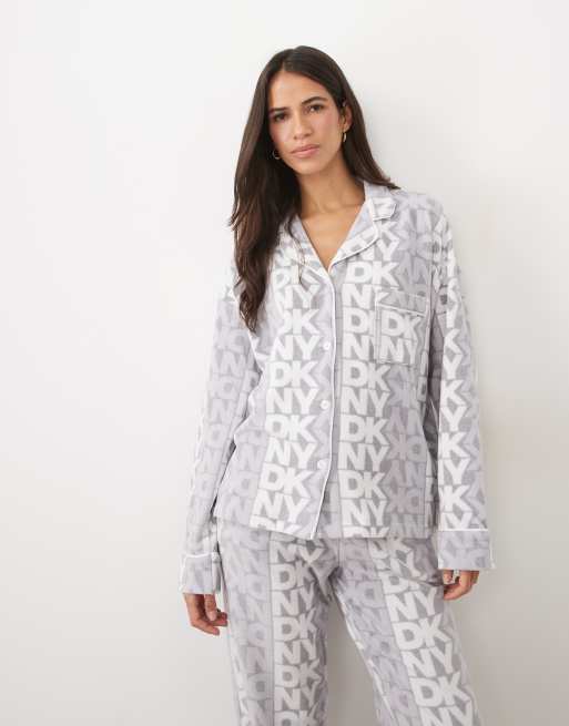 DKNY Stretch fleece long sleeve pyjama set in grey & white logo, 2 of 4